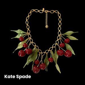 NWOT Rare Kate Spade Ma Cherie Gold Red Green Acrylic Cherry Statement Necklace